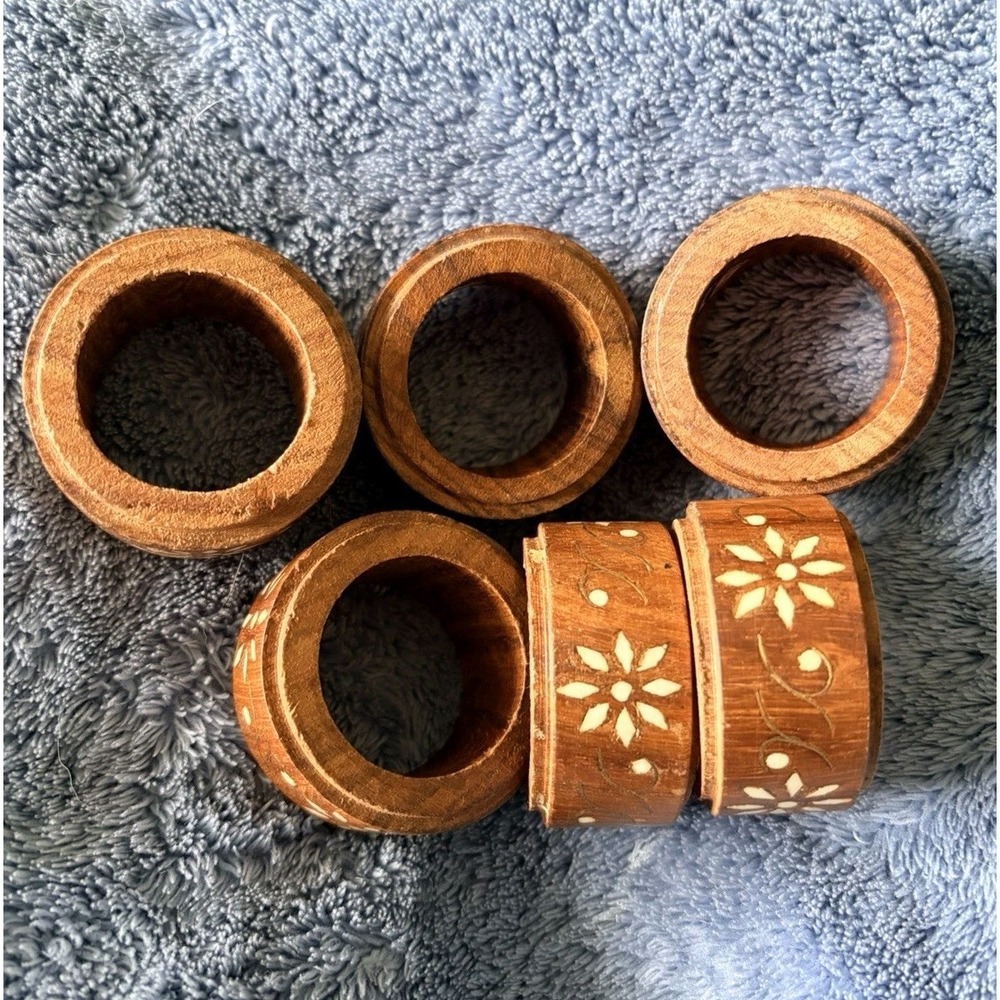 Vintage Wood With Inlaid Brass & Bone Napkin Rings Floral Pattern Set Of 6